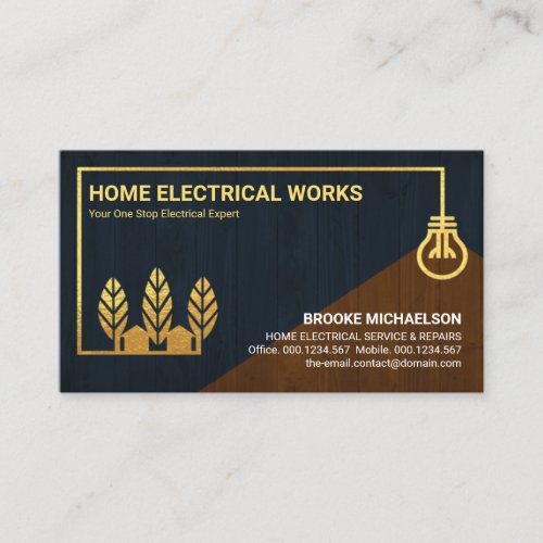 Wood Texture Gold Home Bulb Wiring Electrician Business Card