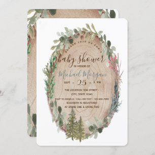 Wood Texture Pine Tree Woodland Baby Shower Invitation