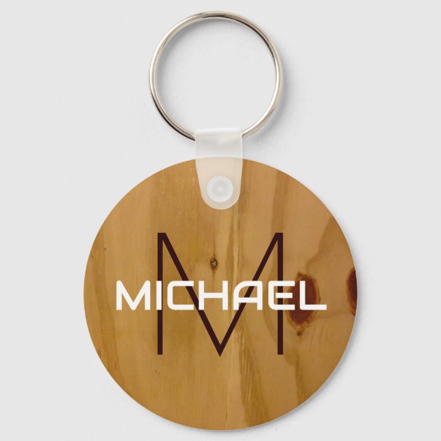 Wood Texture Rustic Monogram Elegant  Keychain (Front)