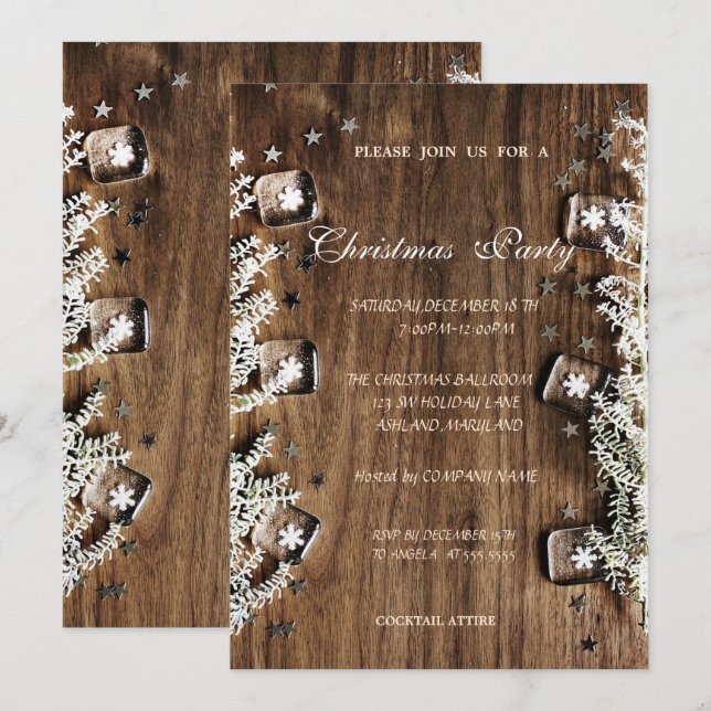 Wood Texture, Snowflakes,Corporate Christmas Party Invitation (Front/Back)