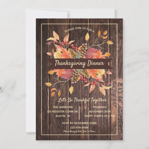 Wood Thanksgiving Fall Leaves Custom Dinner Party Invitation