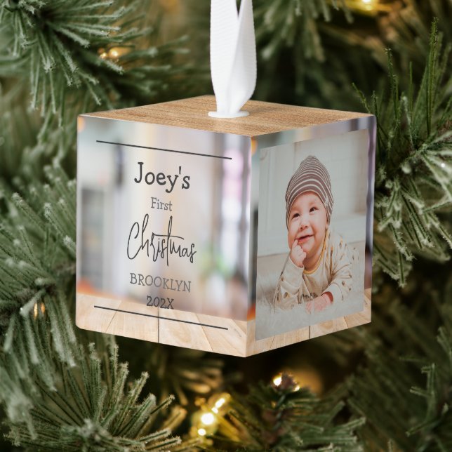 wood theme baby first Christmas three Photo   Cube Ornament (Tree)