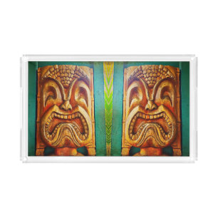 Wood Tiki Faces Cool Vintage Fun Fierce Acrylic Tray