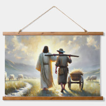 Wood-Topped Rustic Wall Tapestry with Jesus yoked