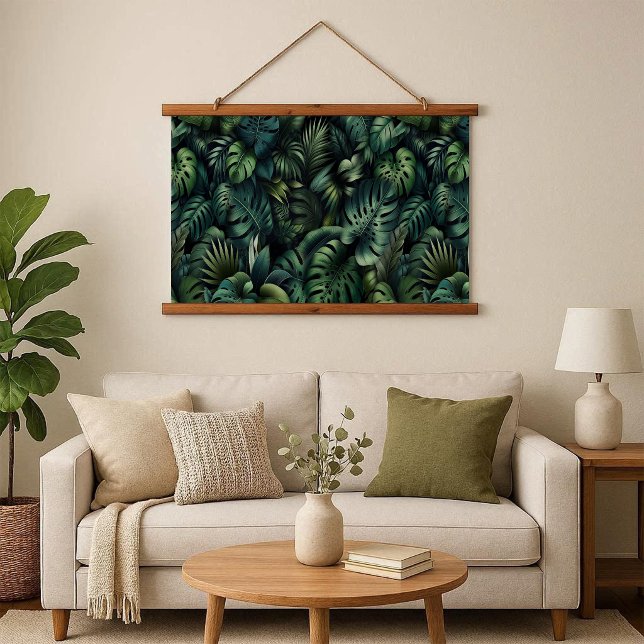 Wood Topped Wall Tapestry (Tropical Monstera Botanical Wood Frame Tapestry)