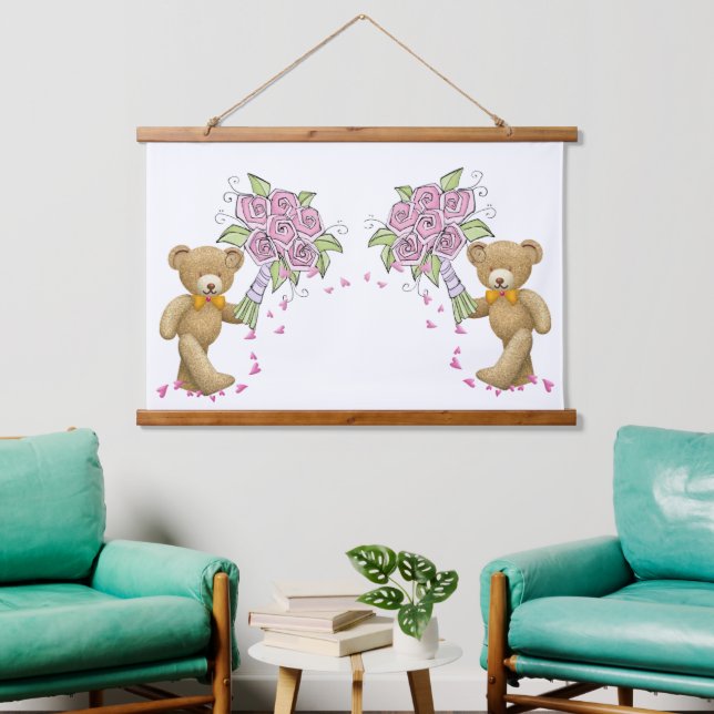 Wood Topped Wall Tapestry Bear Flowers Floral (Living Room)