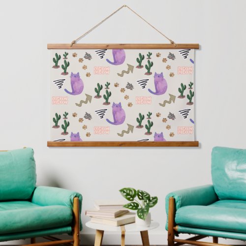 Wood Topped Wall Tapestry  Cat Fish Cactus Meow