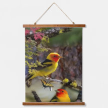 Wood Topped Wall Tapestry Golden Songbirds and Red
