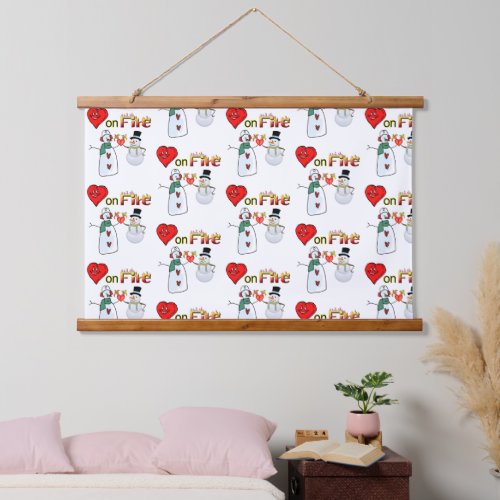 Wood Topped Wall Tapestry Hearts on Fire Snowman 