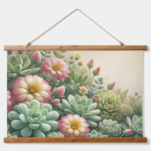 Wood Topped Wall Tapestry _ Pastel Succulents