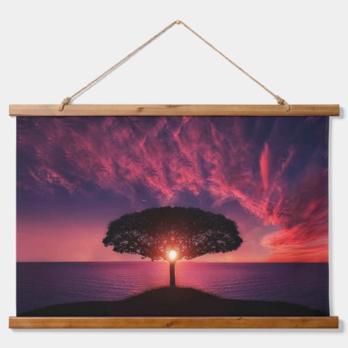 Wood Topped Wall Tapestry Sunset Tree Silhouette 