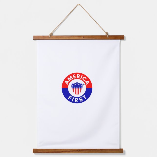 Wood Topped Wall Tapestry With America First  (Front)