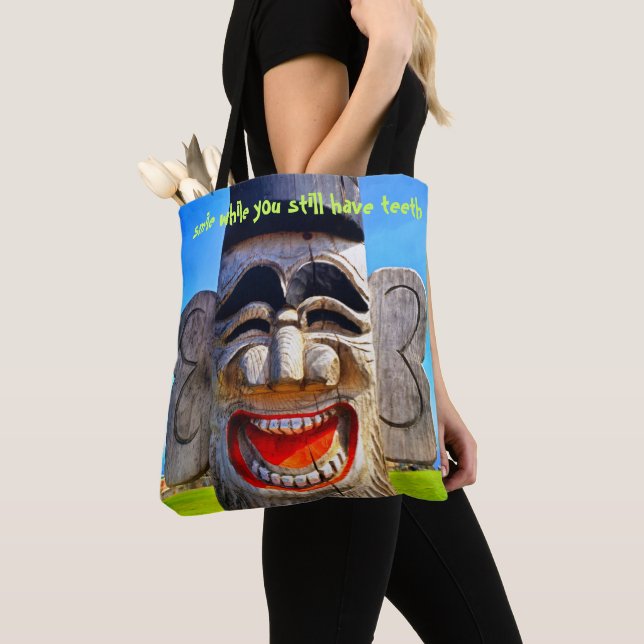 Wood Totum Smile While You Still Have Teeth Quote Tote Bag (Close Up)
