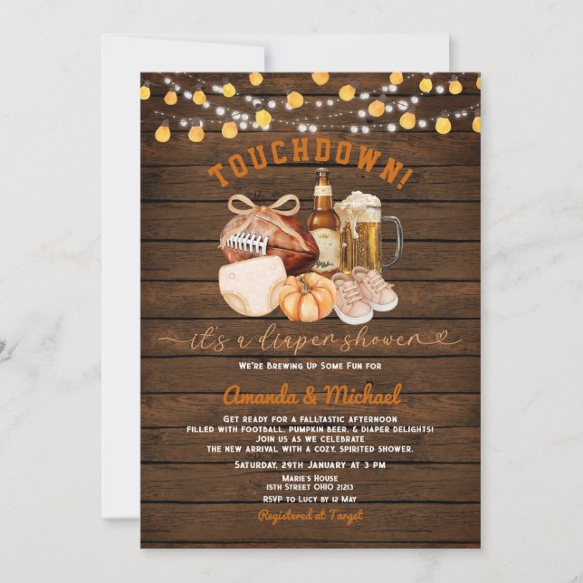Wood Touchdown it's a diaper shower Pumpkin Beer  Invitation (Front)