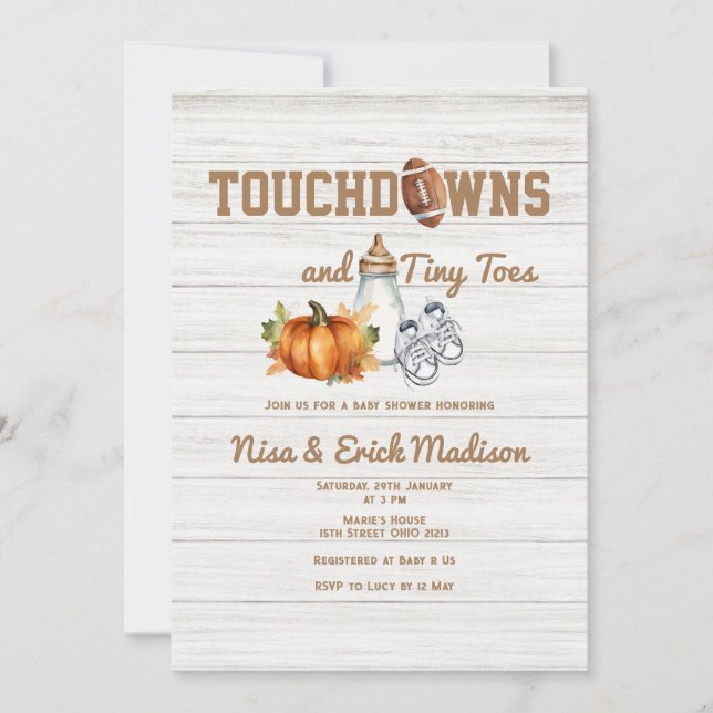 Wood Touchdown Tiny Toes Autumn Boy Baby Shower Invitation (Front)