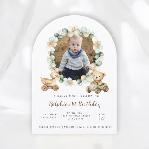 Wood Train Greenery Photo First Birthday Invitation