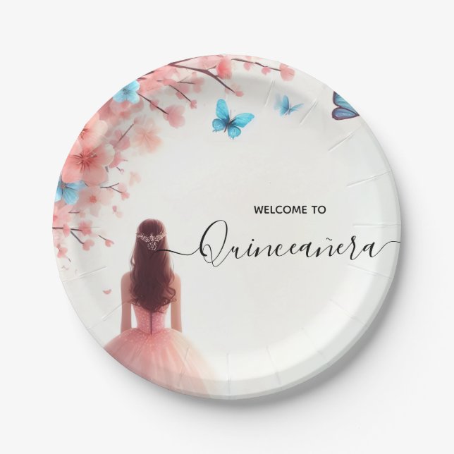 Wood Tree Pink Girly Cherry Blossom Quinceanera Paper Plates (Front)