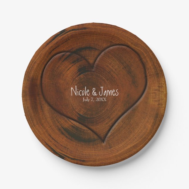 Wood Tree Stump With Carved Heart Rustic Wedding Paper Plates (Front)