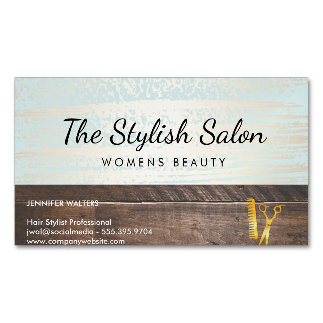 Wood Trim Gold Brushed Beauty Salon Business Card Magnet (Front)