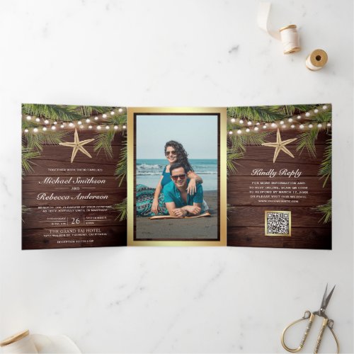 Wood Tropical Palm Leaves Starfish QR Code Wedding Tri-Fold Invitation