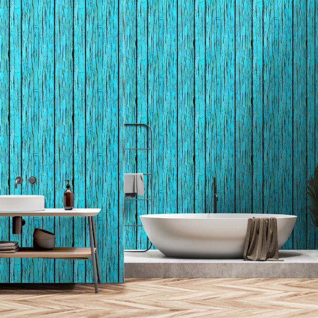 Wood turquoise distressed rustic country beach wallpaper  (Bathroom)