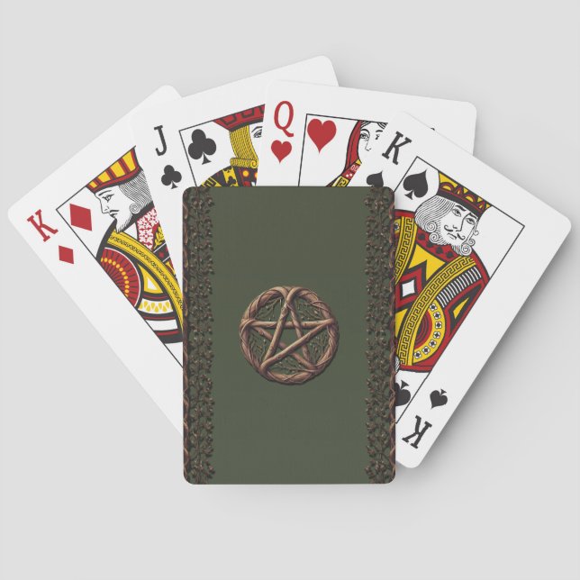 Wood Twig Pentacle Olive Green Wiccan  Poker Cards (Back)