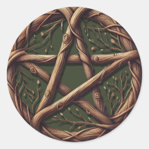 Wood Twig Pentacle Olive Green Wiccan Wedding Classic Round Sticker