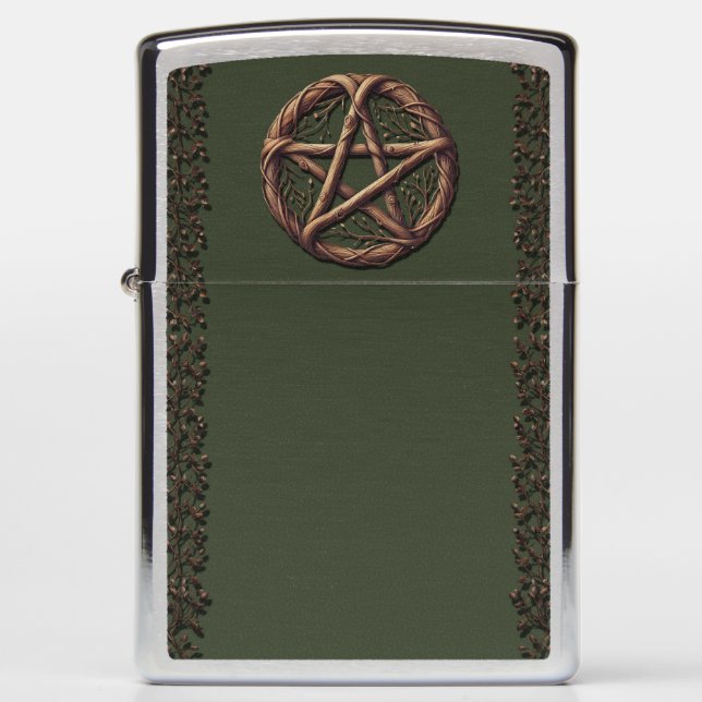 Wood Twig Pentacle Olive Green Wiccan  Zippo Lighter (Front)