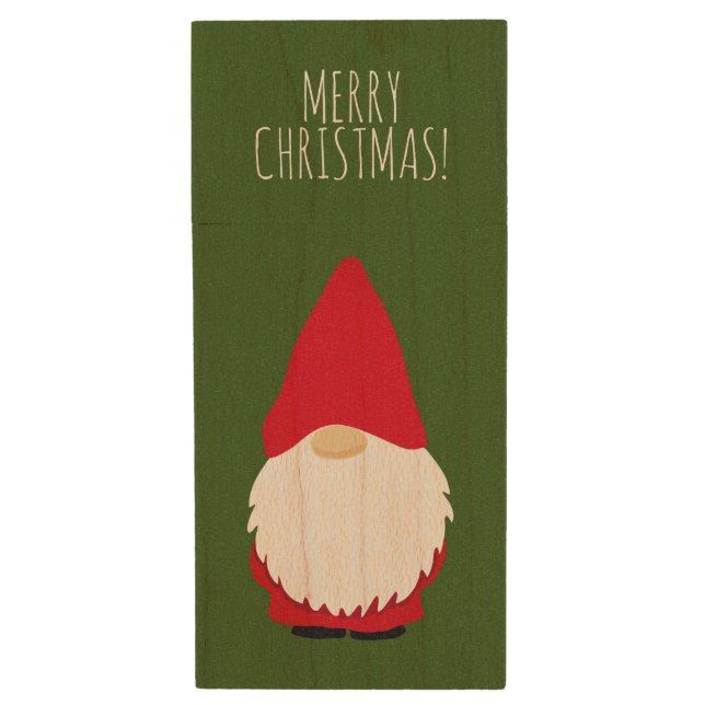Wood USB flash drive with cute Christmas gnome (Front Vertical)