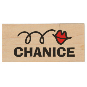 Wood USB pen drive with cute red lips mouth logo