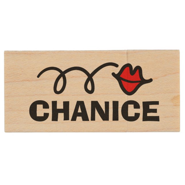 Wood USB pen drive with cute red lips mouth logo (Front)