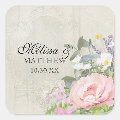 Wood Vintage Bohemian Rustic Floral Pink Peony Square Sticker