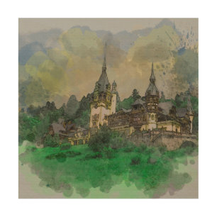 Wood Wall Art Peles Castle Romania Watercolor
