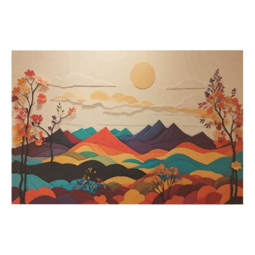 Wood Wall Art with Vibrant Flowers Sun and Hills