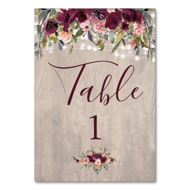 Wood Watercolor Florals with Light Strings Table Number (Front)