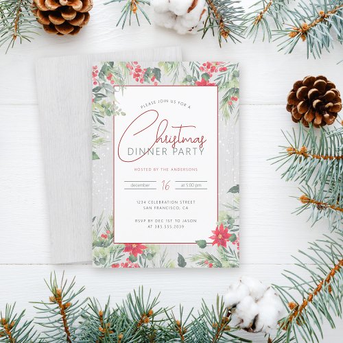 Wood  Watercolor Foliage Christmas Dinner Party Invitation