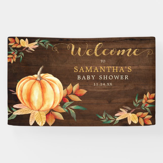 Wood Watercolor Pumpkin Baby Shower Fall Welcome Banner (Horizontal)