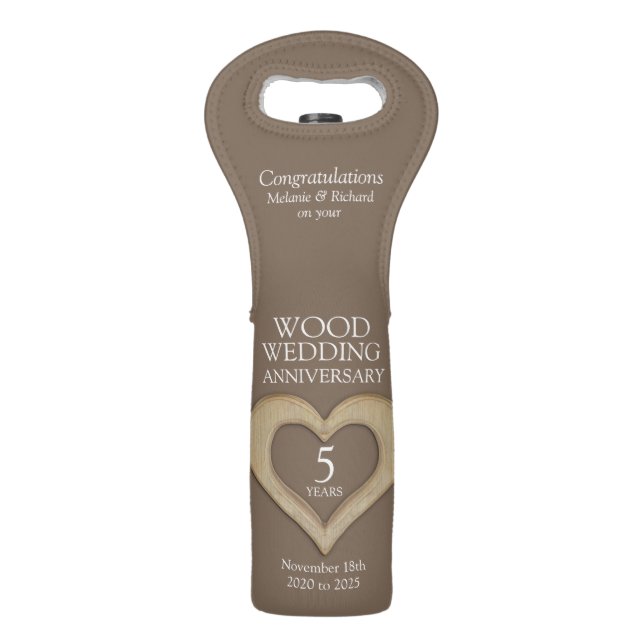 Wood wedding 5th anniversary heart photo wine bag (Front)