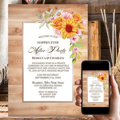 Wood Wedding After Party Sunflower Floral Invitation