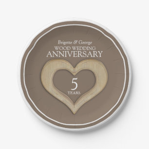 Wood wedding Anniversary 5 years heart brown Paper Plates