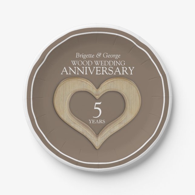 Wood wedding Anniversary 5 years heart brown Paper Plates (Front)