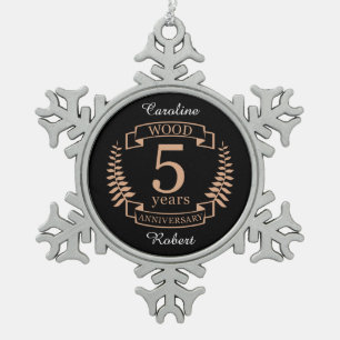 Wood wedding anniversary 5 years snowflake pewter christmas ornament