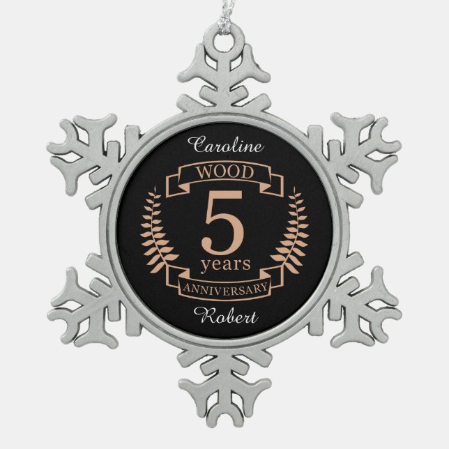 Wood wedding anniversary 5 years snowflake pewter christmas ornament (Front)