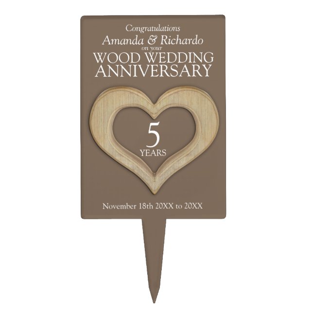 Wood wedding anniversary heart 5 years cake topper (Front)