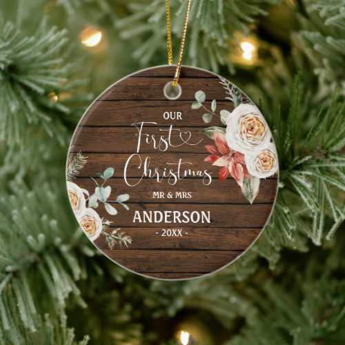 Wood White Floral 1st Christmas as Mr and Mrs  Ceramic Ornament