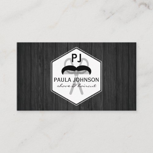 Wood White Leather Barber Monogram Business Card