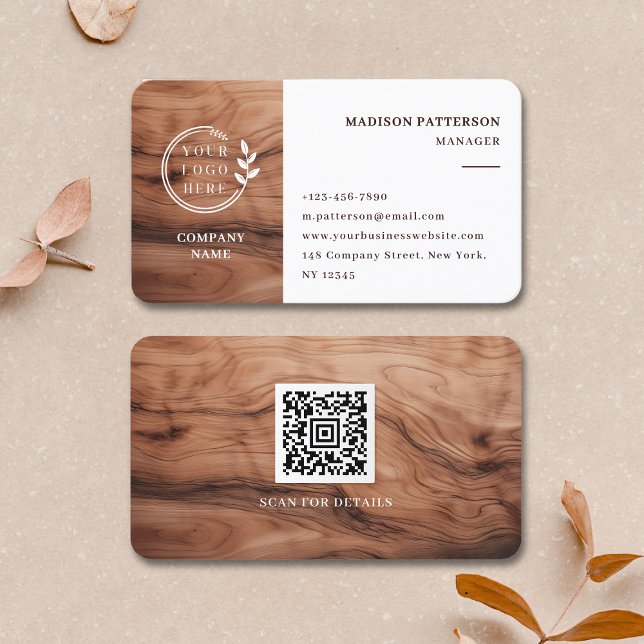 Wood White Logo QR Code Minimalist Modern Business Business Card (Creator Uploaded)