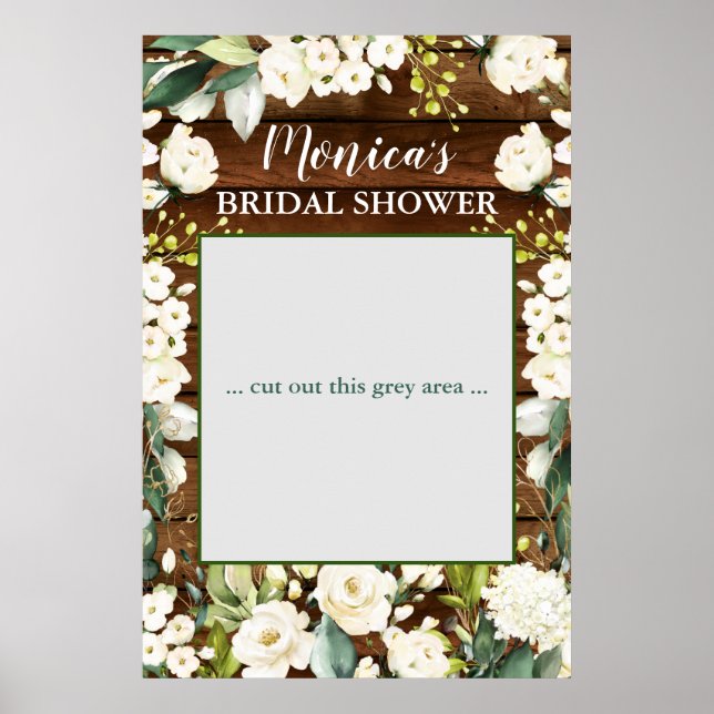 Wood & White Rose Floral  Bridal Shower Photo Prop Poster (Front)
