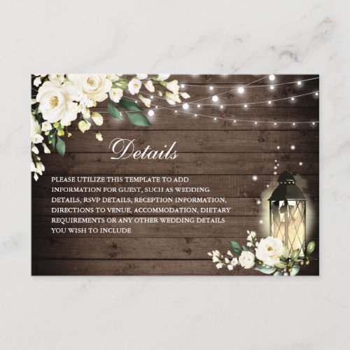 Wood  White Rose  Floral Lantern Wedding Details Enclosure Card