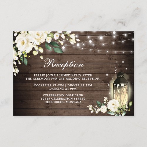 Wood  White Rose  Floral Lantern Wedding Reception Enclosure Card
